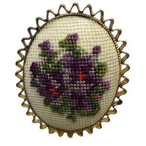 VTG Victorian Style Petit Point Brooch Hand Stitched Embroidered Violets Bouquet
